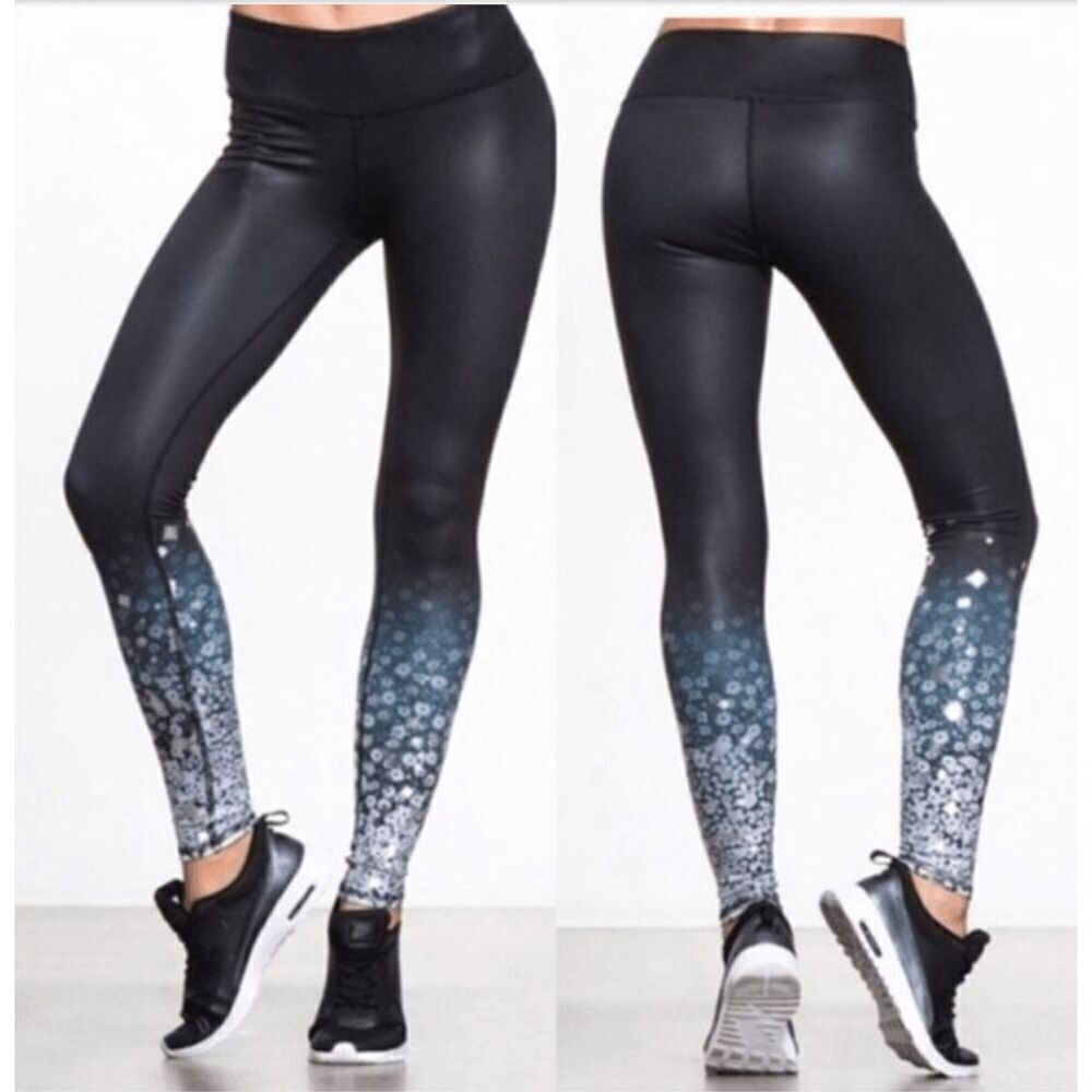 Alo Airbrush brilliance Sequin Leggings Black Blue Mid Rise Sz XS
